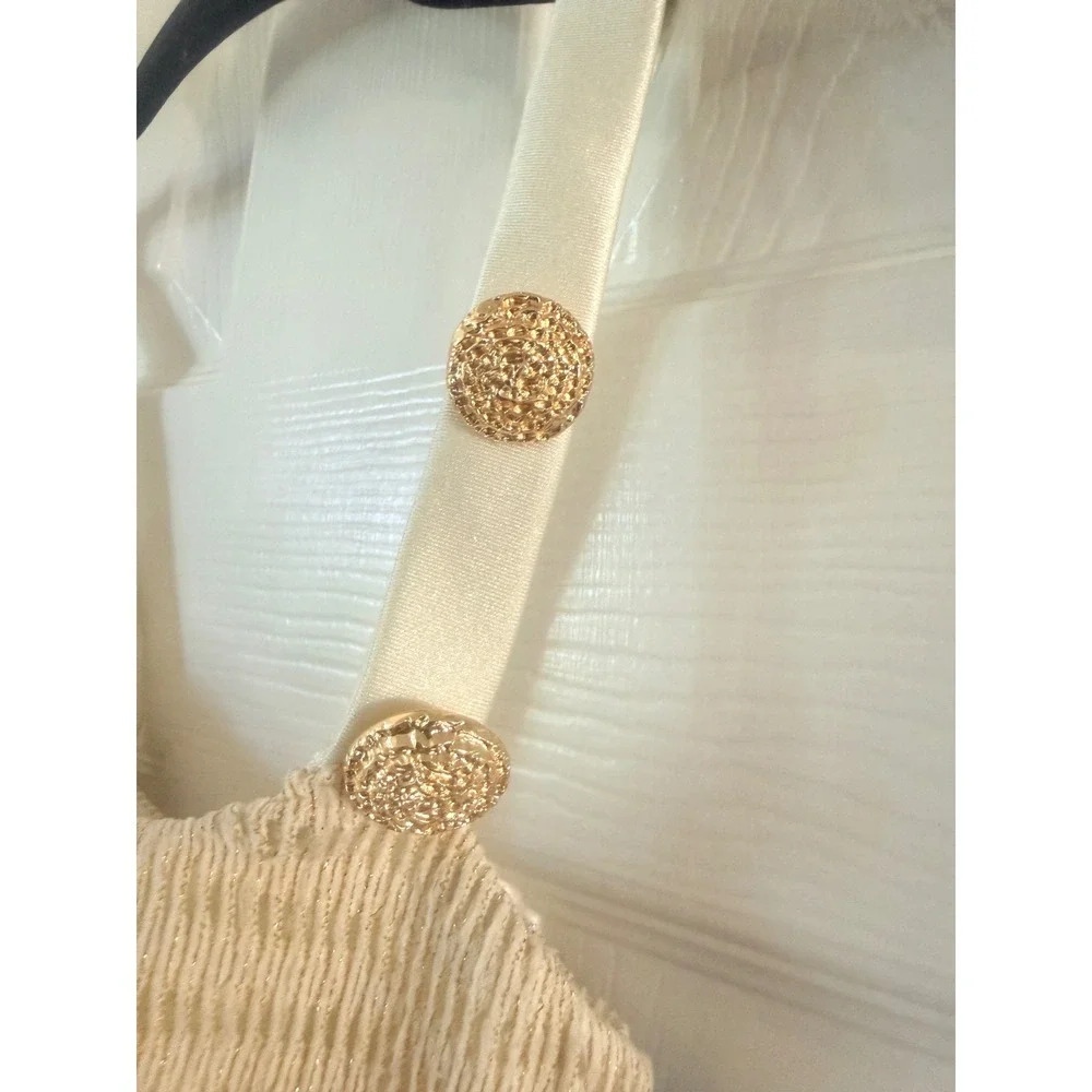 PatBO Metallic Ribbed Knit Bikini Top Off White Gold Button XS